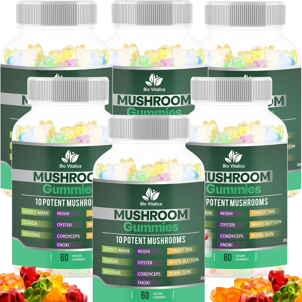 BIO VITALICA Mushroom Gummies – 10 Mushroom Complex with Lion’s Mane, Reishi, Chaga, Cordyceps & More – Fruity Vegan Gummies – Non-GMO, Gluten-Free, Plant-Based – 6 Packs