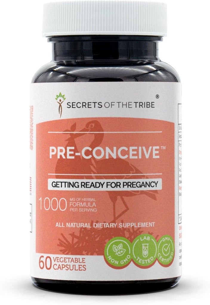 Tajomstvá Tribe Pre-Conceive, 60 Kapsule, 1000 mg, Vitex, Red Raspberry, Black Cohosh, Red Clover, White Peony, Shatavari. Príprava na Pregancy 60 kapsúl