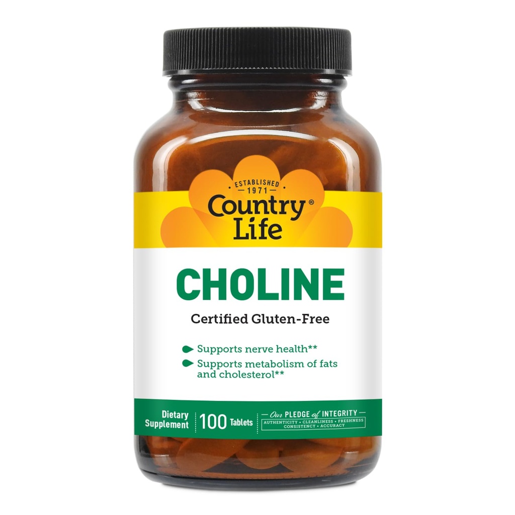 Country Life Choline 266mg, Certified Gluten Free, Certified Vegan, Certified Halal - 100 Tablety