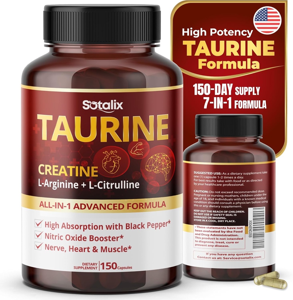 Taurín s kreatínom, L-arginínom, L-citrulínom s vysokou absorpciou s Black Pepper Nitric Oxide Booster, svalovina USA Vyrobené a testované (150 Počet (Pack of 1))