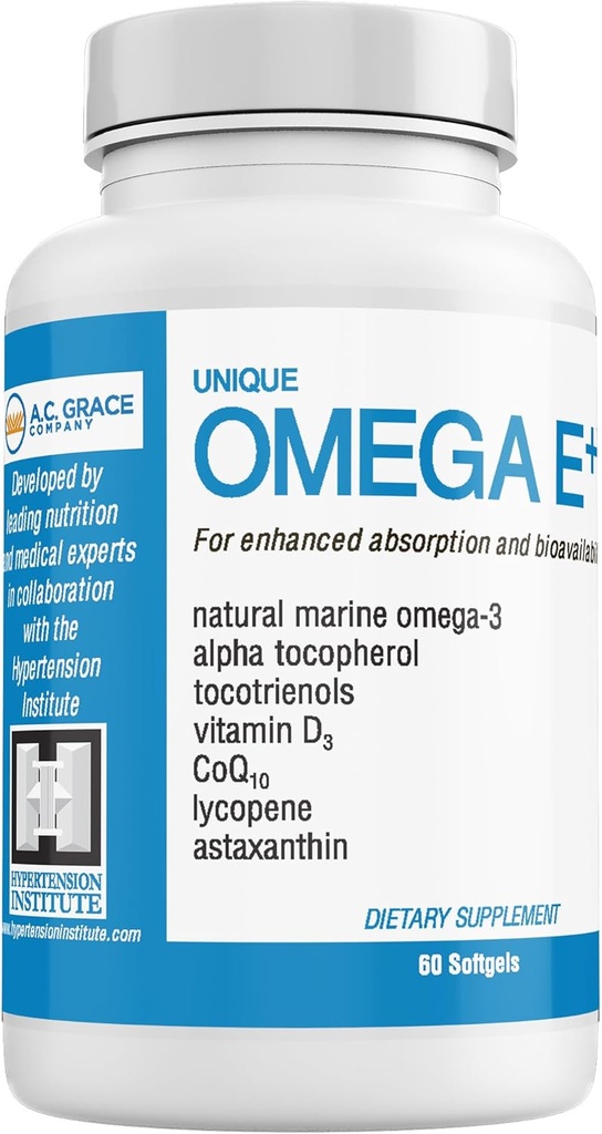 UNIQUE E A.C. Grace Company Omega E+ - Rybí olej doplnok - s Marine Omega-3 mastné kyseliny, vitamín E, vitamín D3 a CoQ10 - pomáha podporovať srdce, mozog, a zdravie kože - 60 Softgels