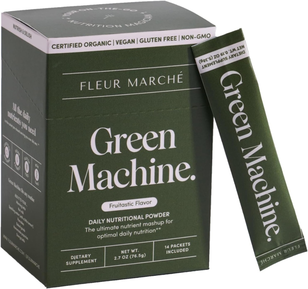 Fleur Marche Green Machine Super Greens Powder Pakets - Organic Greens, Fruit & Probiotics - Superfoods for Digestion, Energy, Microbiome Support & Detox - On-The-go Green Juice - 14 paketov