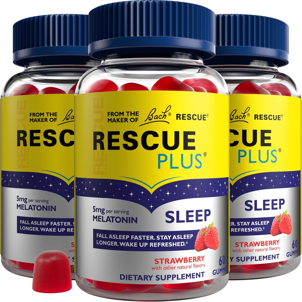 Bach RESCUE PLUS Melatonínové spánkové Gumičky, Prírodné jahodové príchute, Spánková pomoc, Dietary Supplement, Vegan, Gluten-free, Žiadne umelé príchute, Farby alebo sladidlá, 3 balenia, 180 Počet Spolu