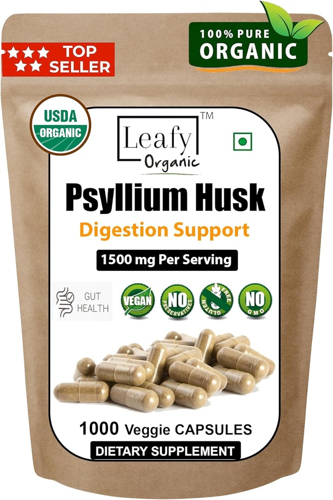 Psyllium Husk 1500mg Per Serving, 1000 Kapsule - Double Strength - Premium Psyllium Fiber Supplement - Skvelé pre zažívanie a pravidelnosť - 100% Prírodné Rozpustné vlákno