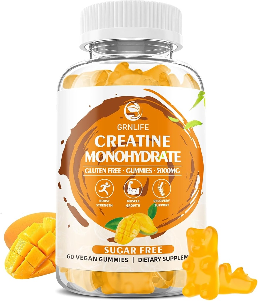 Monohydrát kreatínu Gummy pre mužov a ženy, žuvačky Monohydrát kreatínu pre svalovú silu, budovanie svalov, zvýšenie energie, bez cukru, Vegan, Mango Flavor- 60 Počet