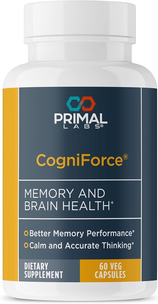 Primal Health CogniForce - Memory & Brain Health - Acetyl L-karnitín Formula - Lepší kognitívny výkon - jasnosť + Focus + Lepší Recall + Pokojné myslenie - Dietary Supplement - 60 Kapsule