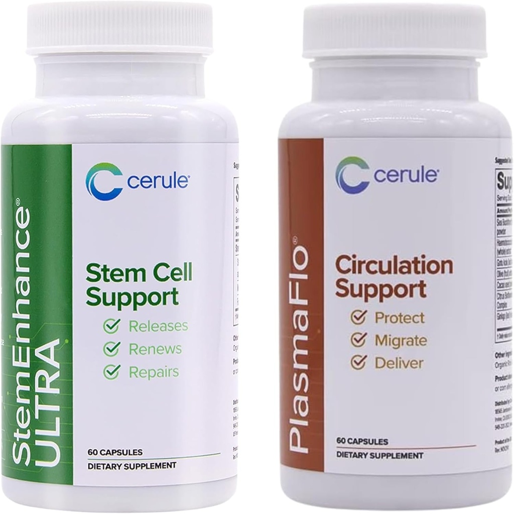 Cerule Stemenhance + Plasmaflo Ultra Stem Cell Support s extraktmi z sladkovodných mikrorias a morských makrorias pomôcť zvýšiť obehové bunky dospelých kmeňov a podporiť liečenie