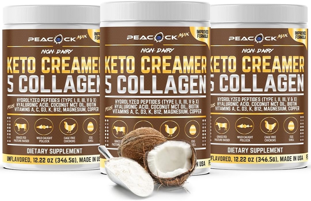 Collagen Keto Coffee Creamer prášok 12.22 oz, balenie 3, hydrolyzovaný kolagén Peptidy s kokosovým MCT Olej, horčík, nechutný proteínový prášok, bezcukrová káva krém na smoothies
