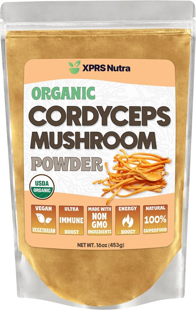 XPRS Nutra Organic Cordyceps Mushroom Powder - Premium Cordyceps Huby - Skutočné huby Cordyceps Powder Supplement for Energy and Immune Support - Vegan-Friendly Mushroom Cordyceps (16 oz)