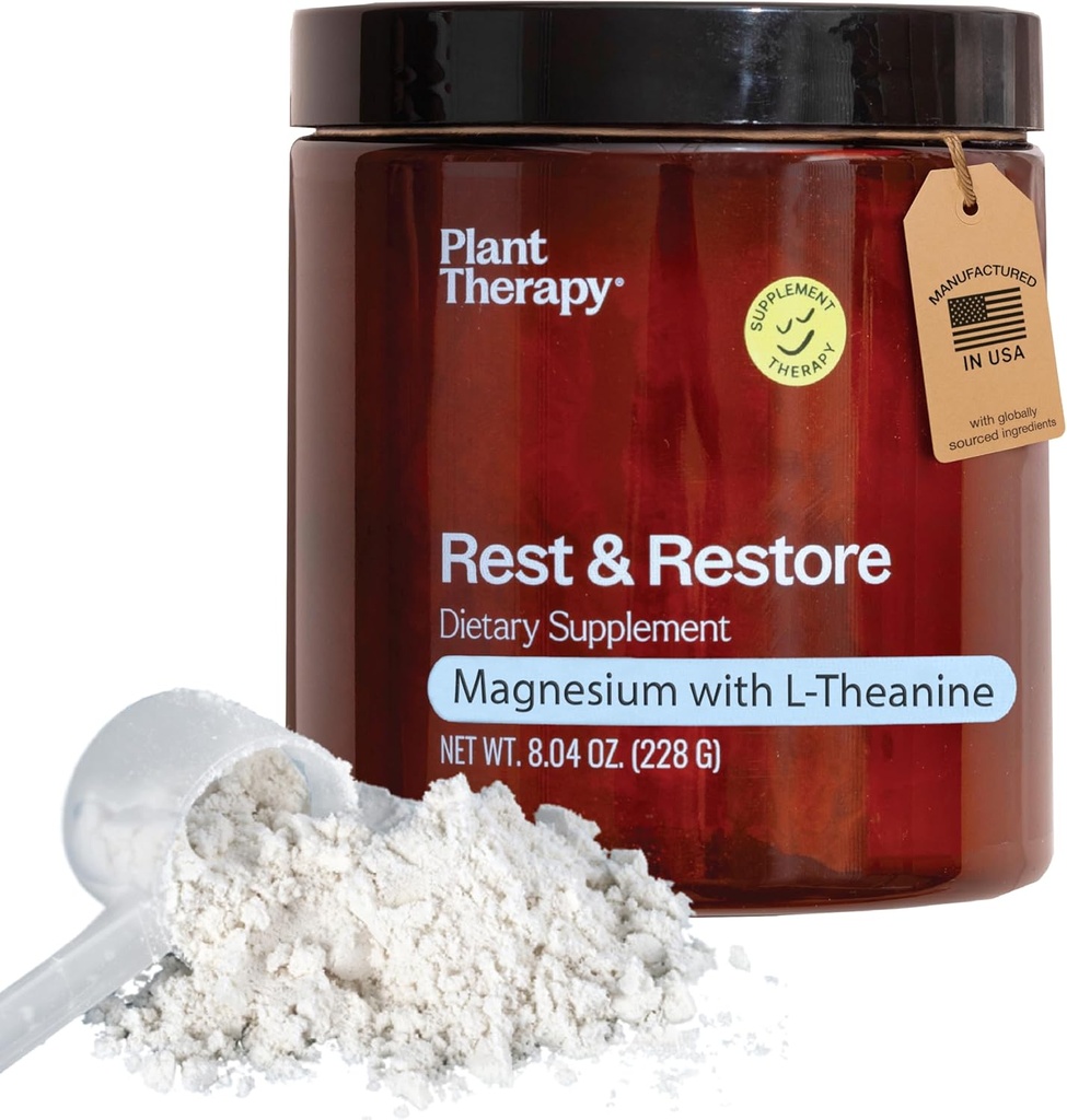 Plant Therapy Unflavored Magnesium Glycinate Powder Manufactured in USA with L-Theanine Rest & Restore 4 Month Supply Promotes Sleep and Helps to Relax Supplements for Women & Men 8 oz