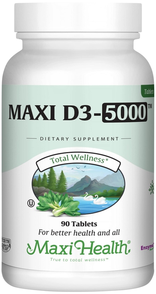 Maxi Zdravie Vitamín D3 5000 IU (125 μg) - Vysoká dávka Vitamín D 5000 IU - Zdravé kosti, zuby, Imunitná podpora - Kosher Čistá vysoká potencia Vit D3 (90 tabliet)
