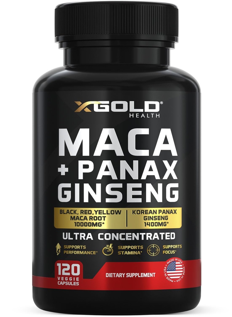 Maca Root Kapsule 10 000mg + Korean Panax Ginseng 1,400mg - 20x Koncentrovaný extrakt Black + Red + Yellow Maca Root, 10x Koncentrovaný extrakt Panax Ginseng Kapsule - Ultra Potent & Highly Purified