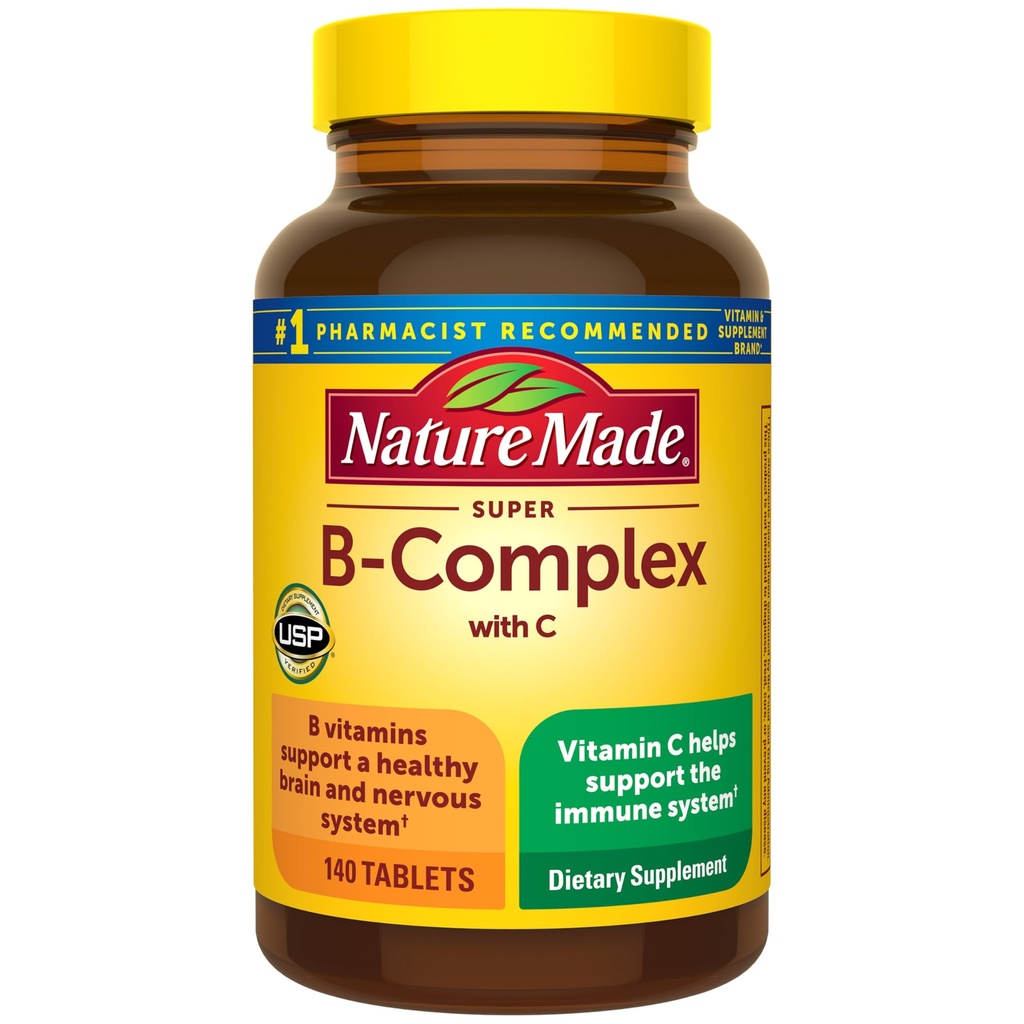 Príroda vyrobené Super B komplex s vitamínom C a kyseliny listovej, B komplexné vitamíny pre ženy a mužov, Diétne doplnok pre imunitnú podporu, 140 tabliet, 140 Day Supply