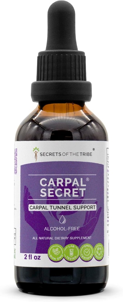 Tajomstvá tribu - Karpálne tajomstvo, Podpora karpálneho tunela, Bylinné doplnky Blend kvapky bez alkoholu Liquid Extract (2 fl oz)