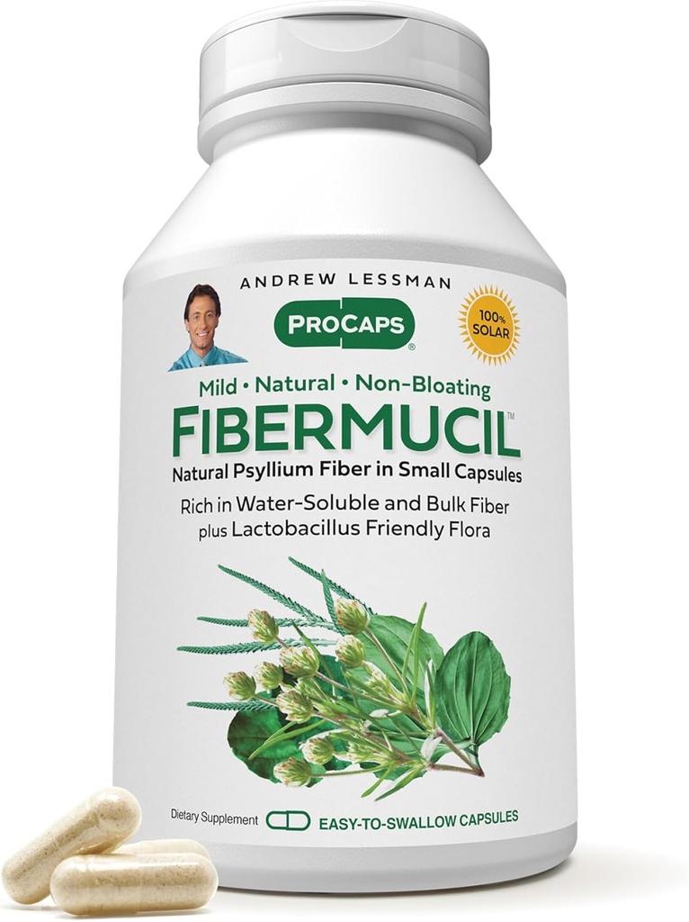 ANDREW LESSMAN Fibermucil 180 kapsuly - Psyllium Husk prášok. Jemne podporuje pravidelnosť a tráviace zdravie. Bohatý na Fiber. Jemne, pomaly, efektívne. Žiadne prídavné látky. Malé kapsuly sa ľahko prehĺtajú