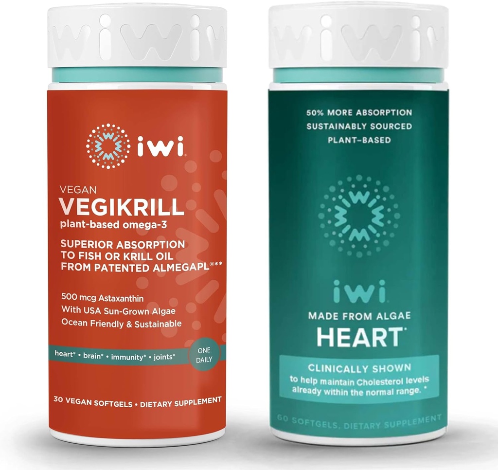 Iwi Life Vegikrill & Heart Omega-3 Bundle, 30 Servings, Vegan Plant-Based Algae Omega 3, Krill & Fish Oil Alternative, No Fishy Dochute