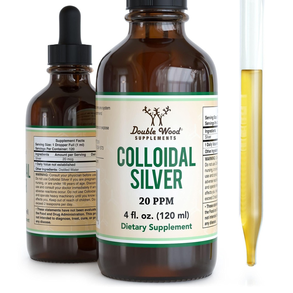 Koloidné striebro Tekutina 20 PPM - 4 Fl OZ (Plata Coloidal s kvapkadlom) 99,9% Pure, Gluten Free, non-GMO by Double Wood Supplements