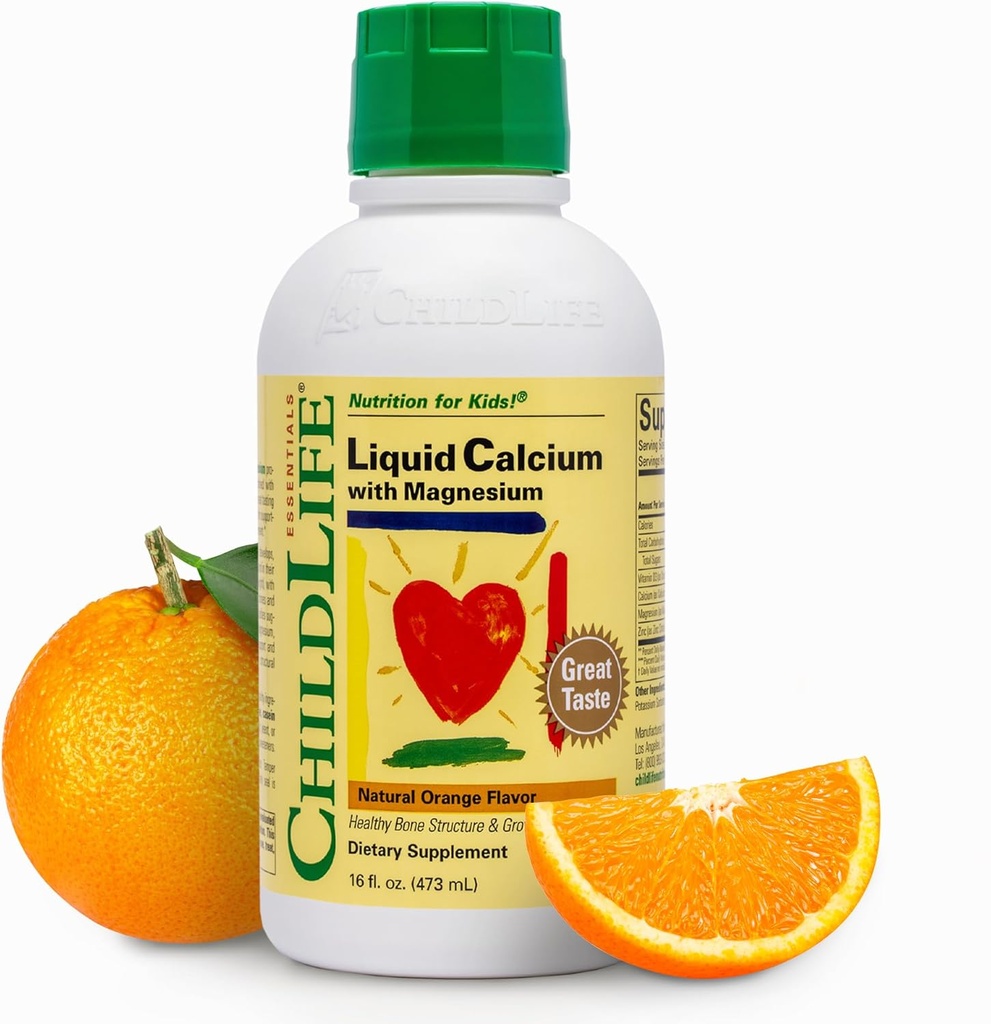 ČILDLIFE ESSIENTY Kvapalné kalcium doplnok pre deti - Baby Calcium with Magnézium, Zinok, a vitamín D3 - Orange Chlavor, 16 fl oz (1 balenie)