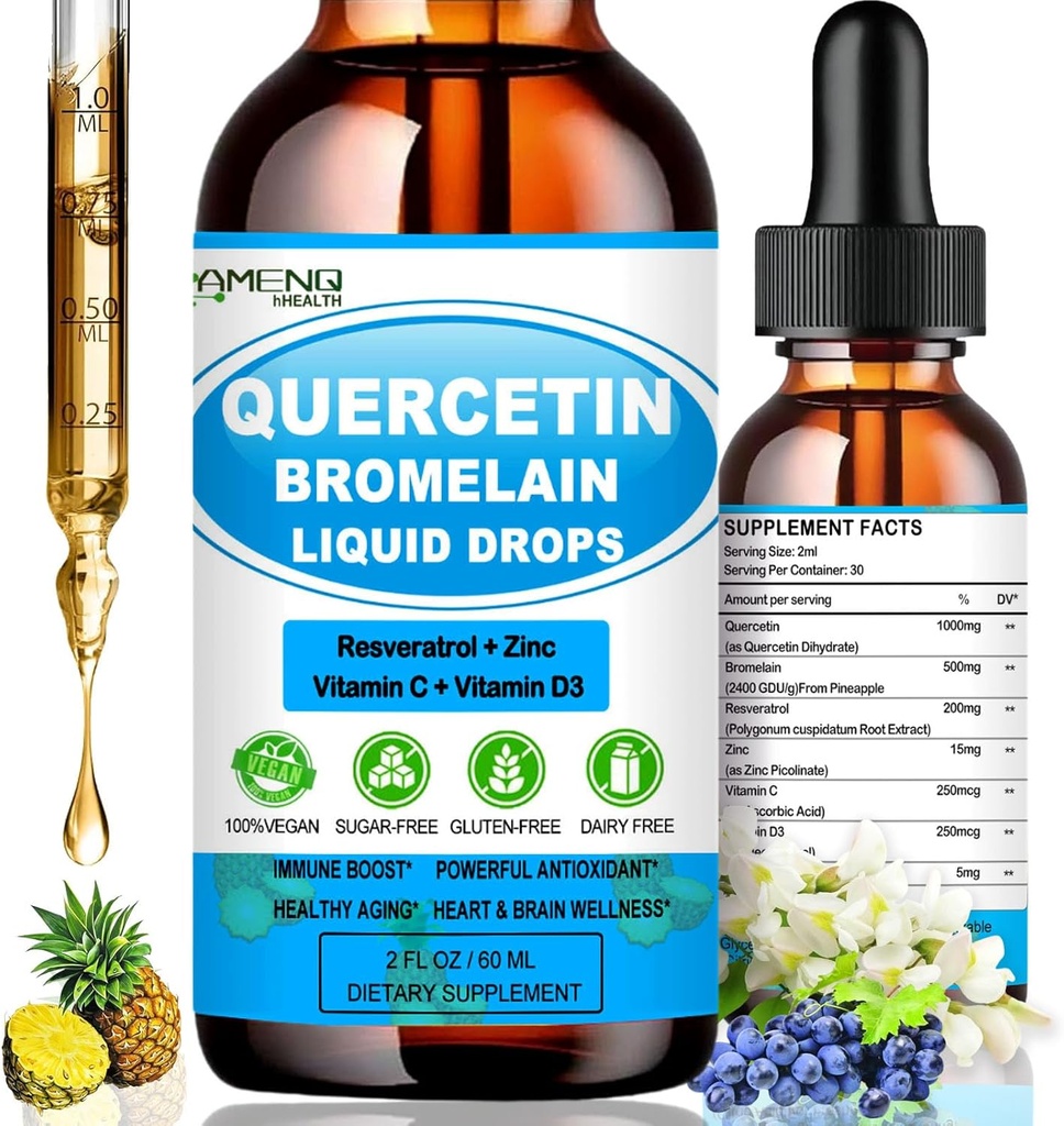 Quercetin s vitamínom C a zinkom - Quercetin Tekuté kvapky - Quercetin s hypromelínom - Zinok Quercetin - Imunitná podpora Doplnková pre Respiračné zdravie a odpoveď tela na príležitostné alergie