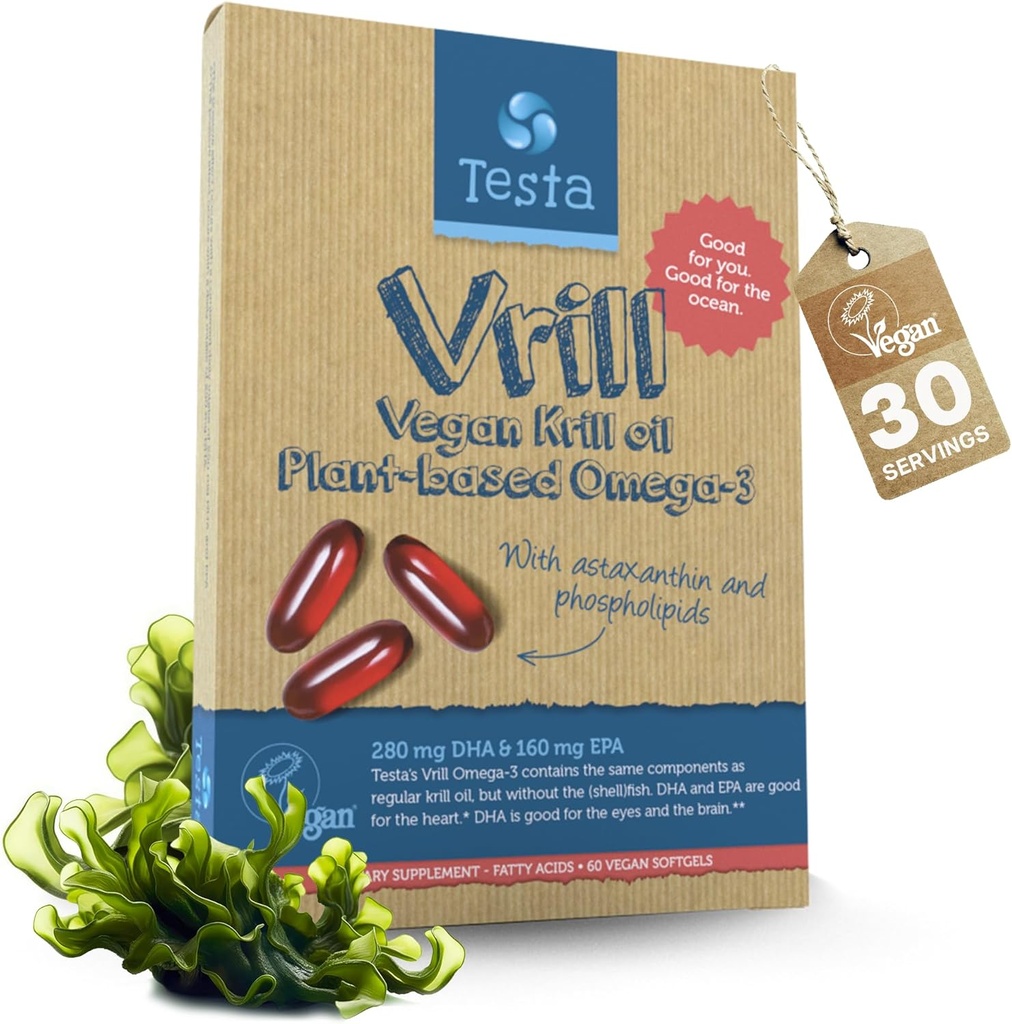 Testa Omega 3 Vegan Krill Supplement-1000mg Softgels, 2 Times More Omega-3, DHA, EPA, Astaxantín, Fosfolipidy - srdce, mozog, oko, Joint Support - Nie z rýb, Algae Zdroj - 60 Softgels