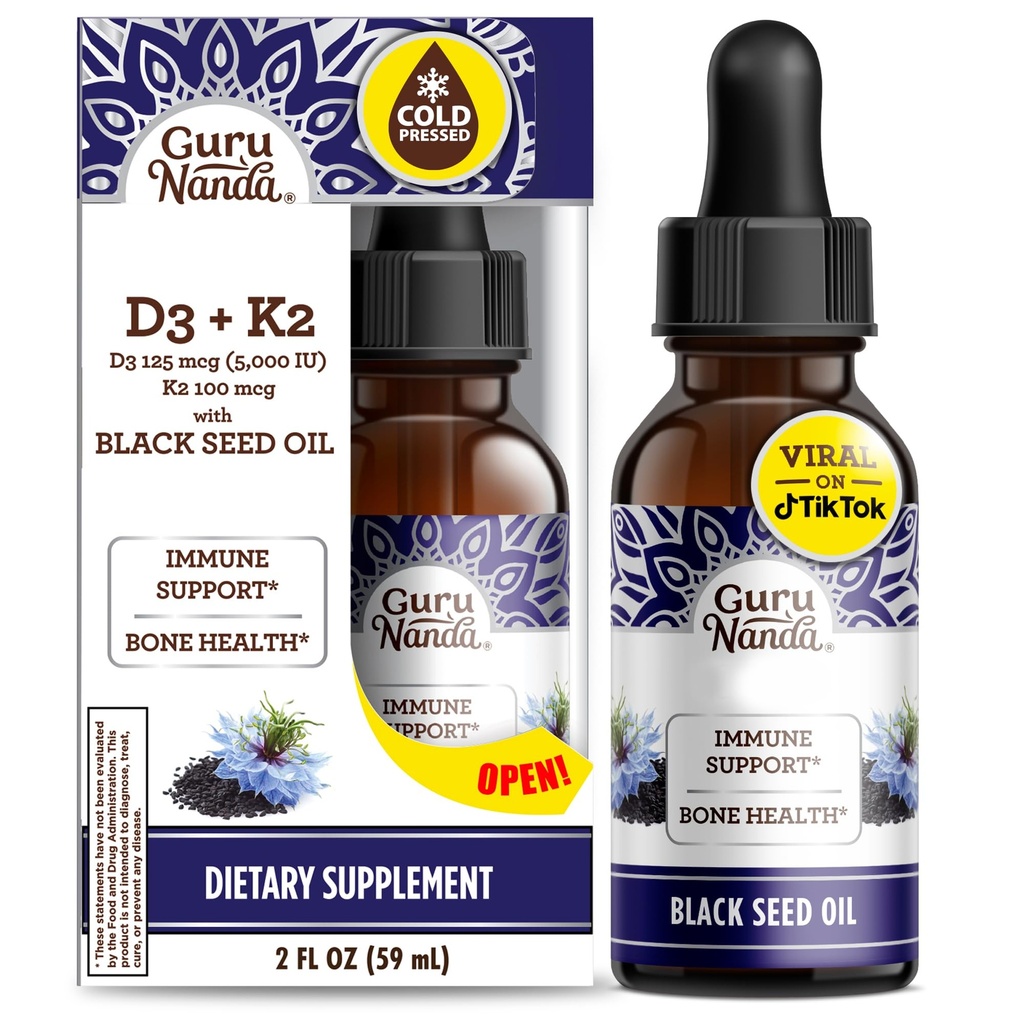 GuruNanda Black Seed Oil, Cold-Pressed Nigella Sativa - Bohatý na vitamín D3 5000 jednotiek, K2 & E, High Thymoochechen 