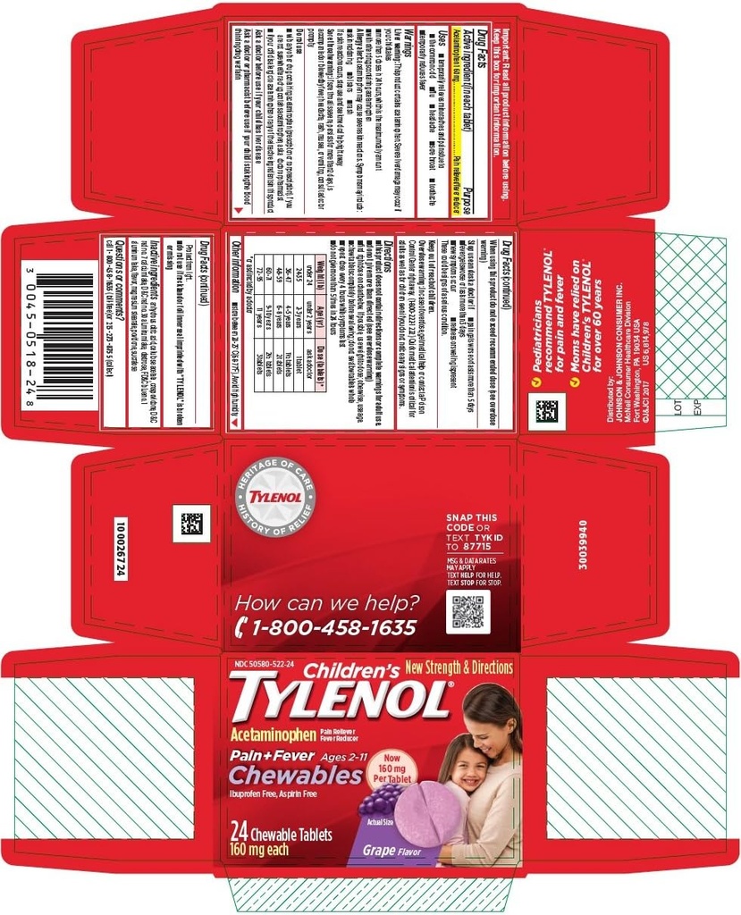 Tylenol Detská bolesť + Horúčka Žuvacie tablety Hroznová aróma - 24 ct, balenie po 4