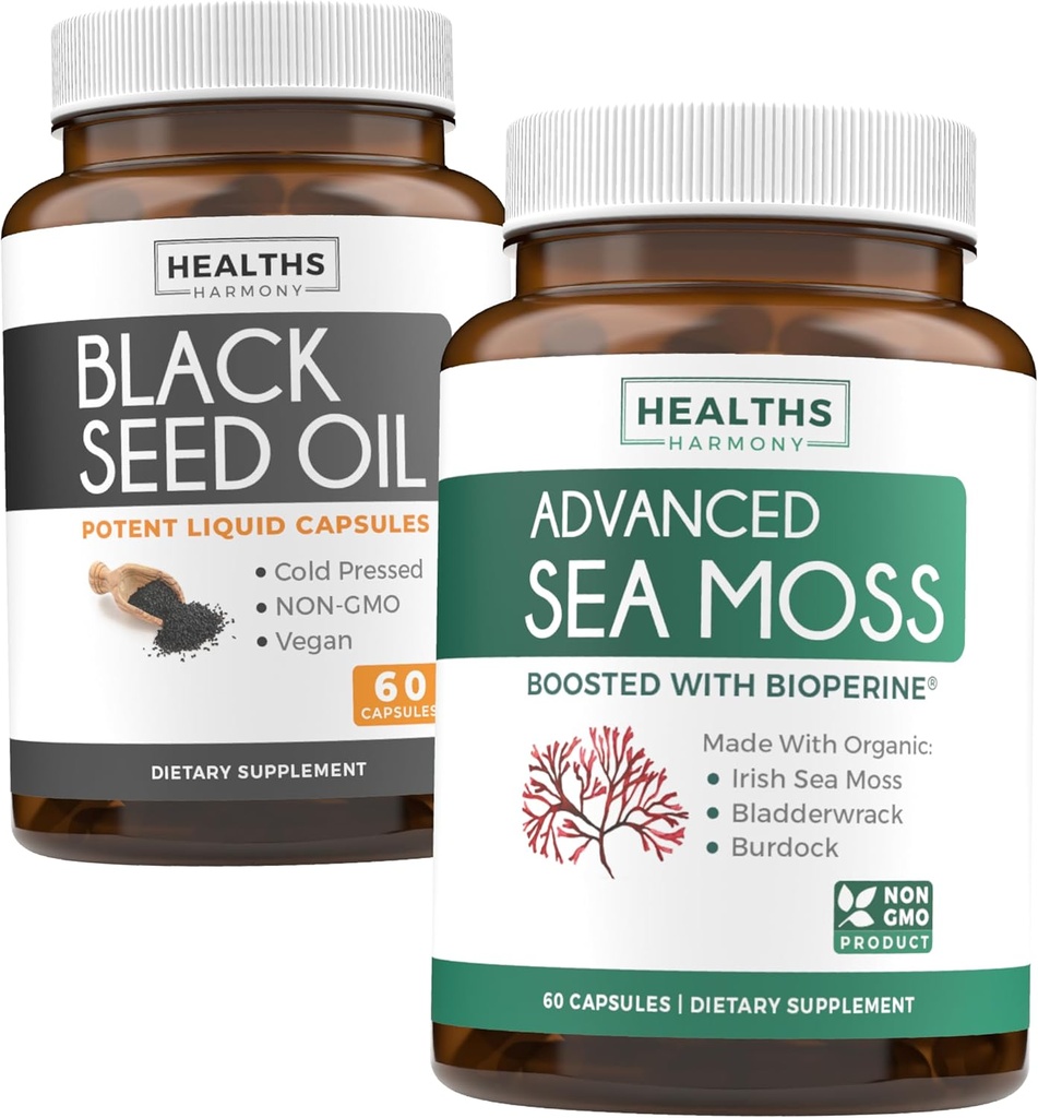 Black Seed Oil & Irish Sea Moss (1-Month Supply) - Wellness Duo Bundle of Black Seed Oil (60 kapsule) Cold-Pressed Nigella Sativa & Irish Sea Moss (60 kapsule) s Bioperine a Bladderwrack
