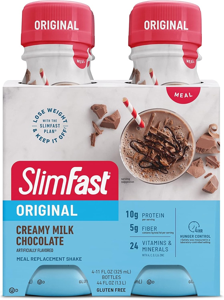 SlimFast Replacement Shake, Original Creamy Milk Chocolate, 10g pripravený piť proteín na chudnutie, 11 Fl. Oz fľaša, 4 Počet (Backaging May Vary)