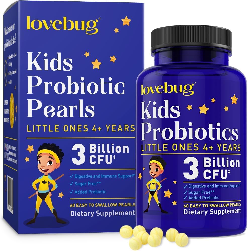 LOVEBUG probiotiká pre deti - deti probiotické žuvačky s prebiotikami pre starnúce 4+, denné deti a zdravie Gut, zápcha, trávenie a imunitná podpora doplnok, bez cukru, 60 mäkké perly