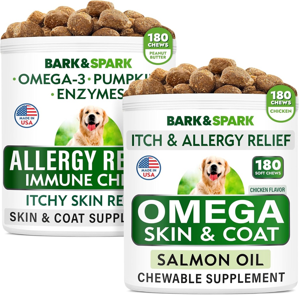 Alergická úľava + Omega 3 pre psy Bundle - Anti-svrbenie kože & Coat + kožné alergie - Omega 3 Rybí olej + EPA & DHA Mastná kyselina - svrbenie & laba Licking + Spoločné zdravie - 360 Žuvačky - Made in USA