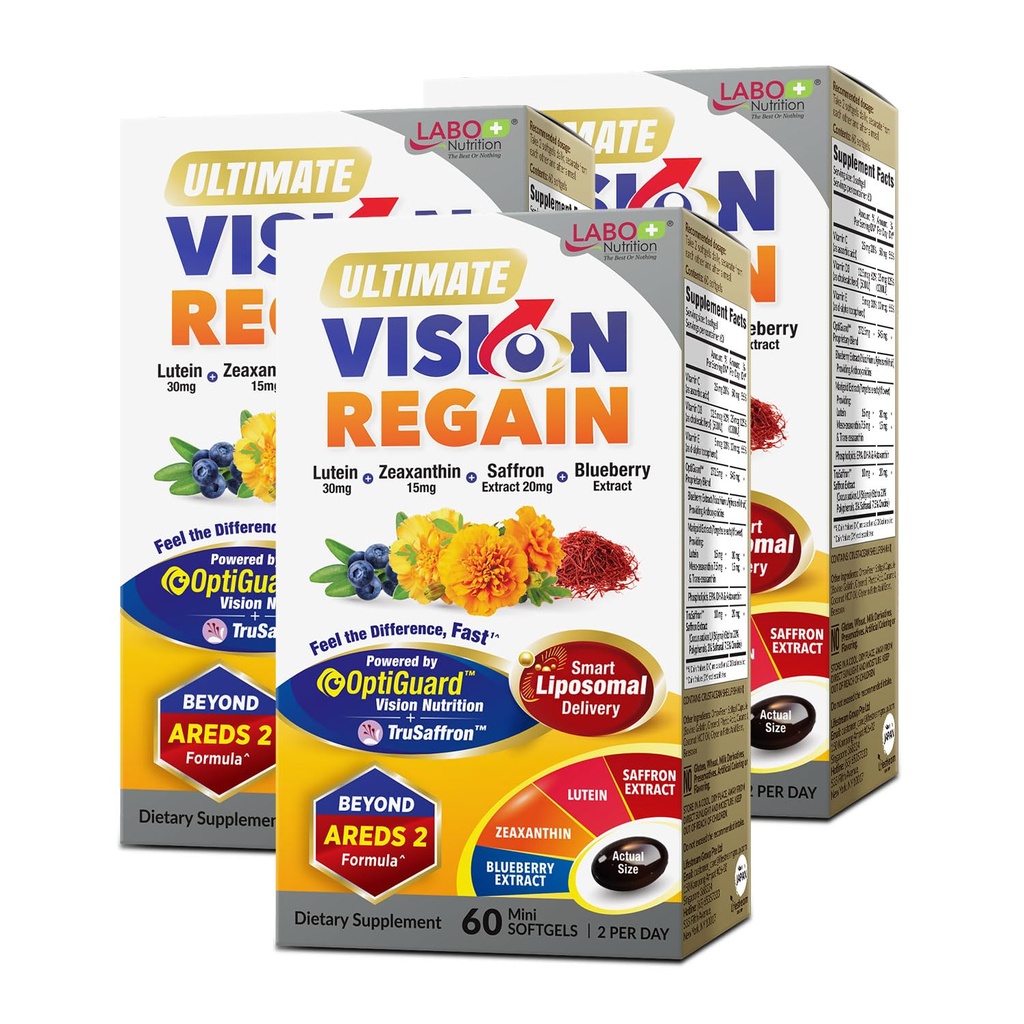 LABO Nutrition Ultimate VisionREGAIN, Očné vitamíny mimo AREDS 2 Formula s luteínom, Zeaxantin, Saffron Extract, Čučoriedka pre makulárne a sietnice zdravie, Únava oka, Nočná vízia Podpora 60 grófsx3