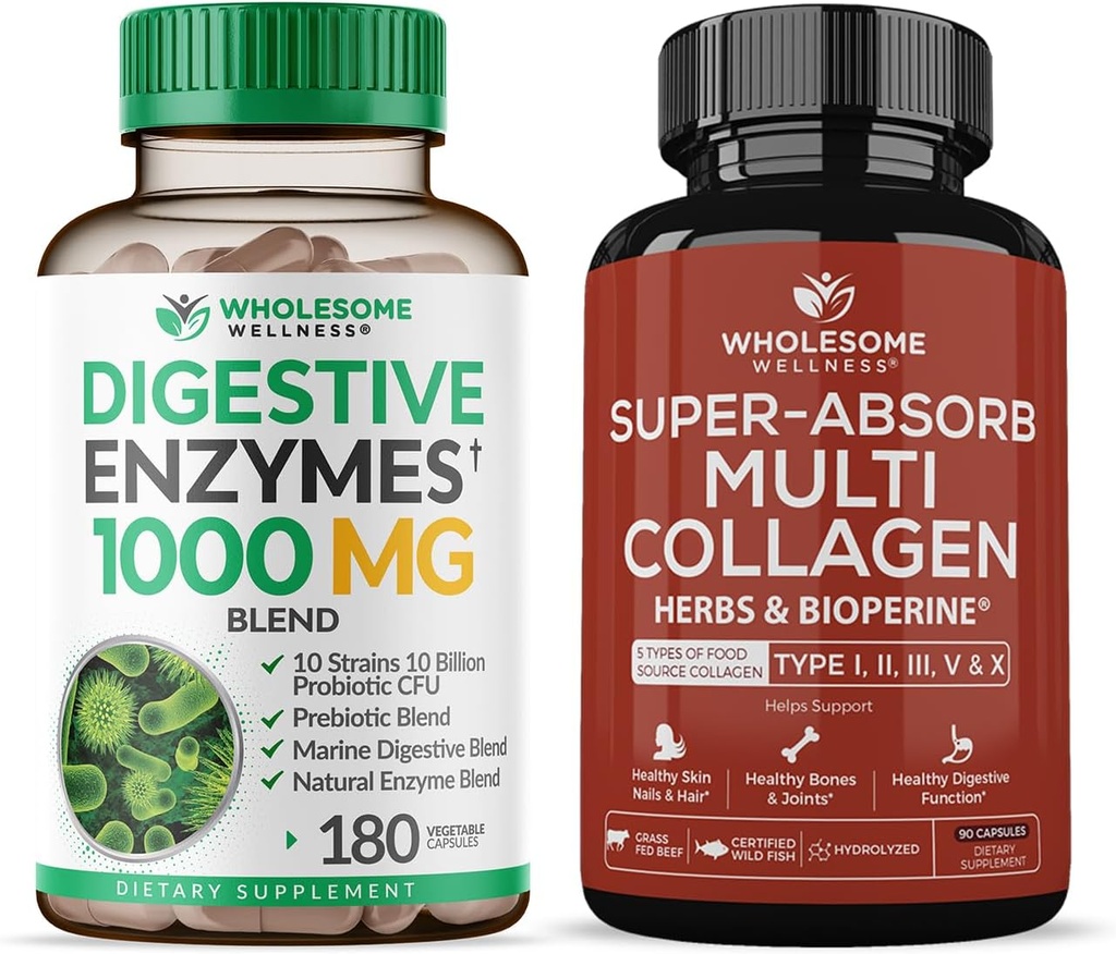 Zdravý Wellness Digestive Enzymes 1000MG Plus Prebiotiká a probiotiká Supplement + Super-Absorb Multi Collagen Pills (Typ I II III V X) Organic Herbs and Bioperine Bundle