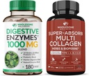 Zdravý Wellness Digestive Enzymes 1000MG Plus Prebiotiká a probiotiká Supplement + Super-Absorb Multi Collagen Pills (Typ I II III V X) Organic Herbs and Bioperine Bundle