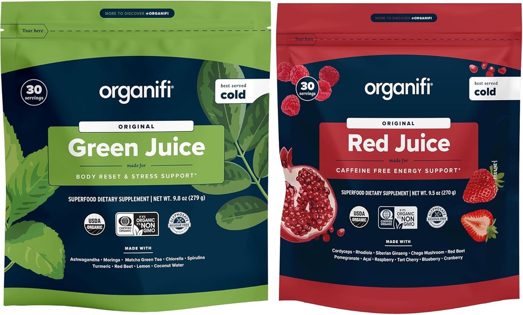Organifi Zelená šťava a červená šťava Bundle - 30 Day Supply - Delicious, osviežujúce organické Superfood doplnok prášok s antioxidanty pre energiu a podporu stresu Relief - No GMO, Gluten, alebo sója