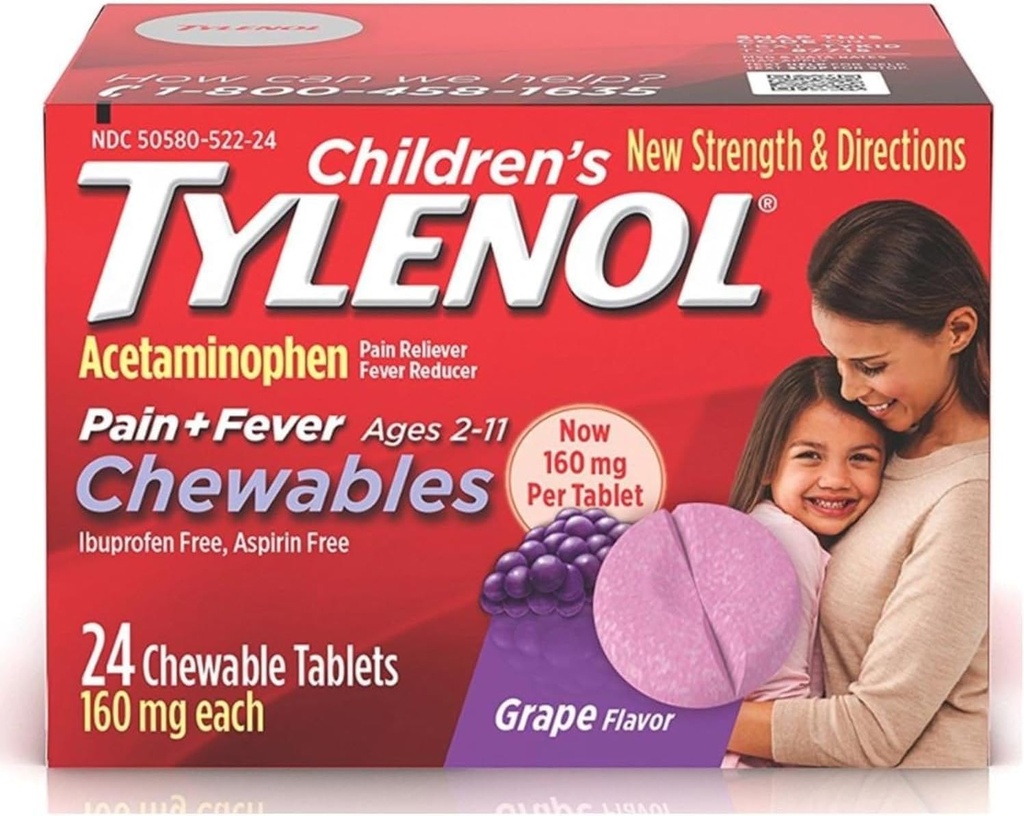 Tylenol Detská bolesť + Horúčka Žuvačky Tablety 160 mg, Hroznová aróma 24 ea (3 balenia)