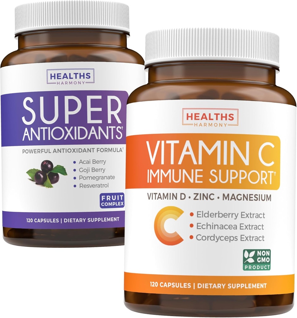 Antioxidanty a imunitná podpora (2-Mesačné zásobovanie) Imunitná vitalita Blend - Super Antioxidanty - Výkonný Super Food Daily Blend (120 Caps) a Imunitná podpora Supplement with Ellowberry Vitamín C a Zinok