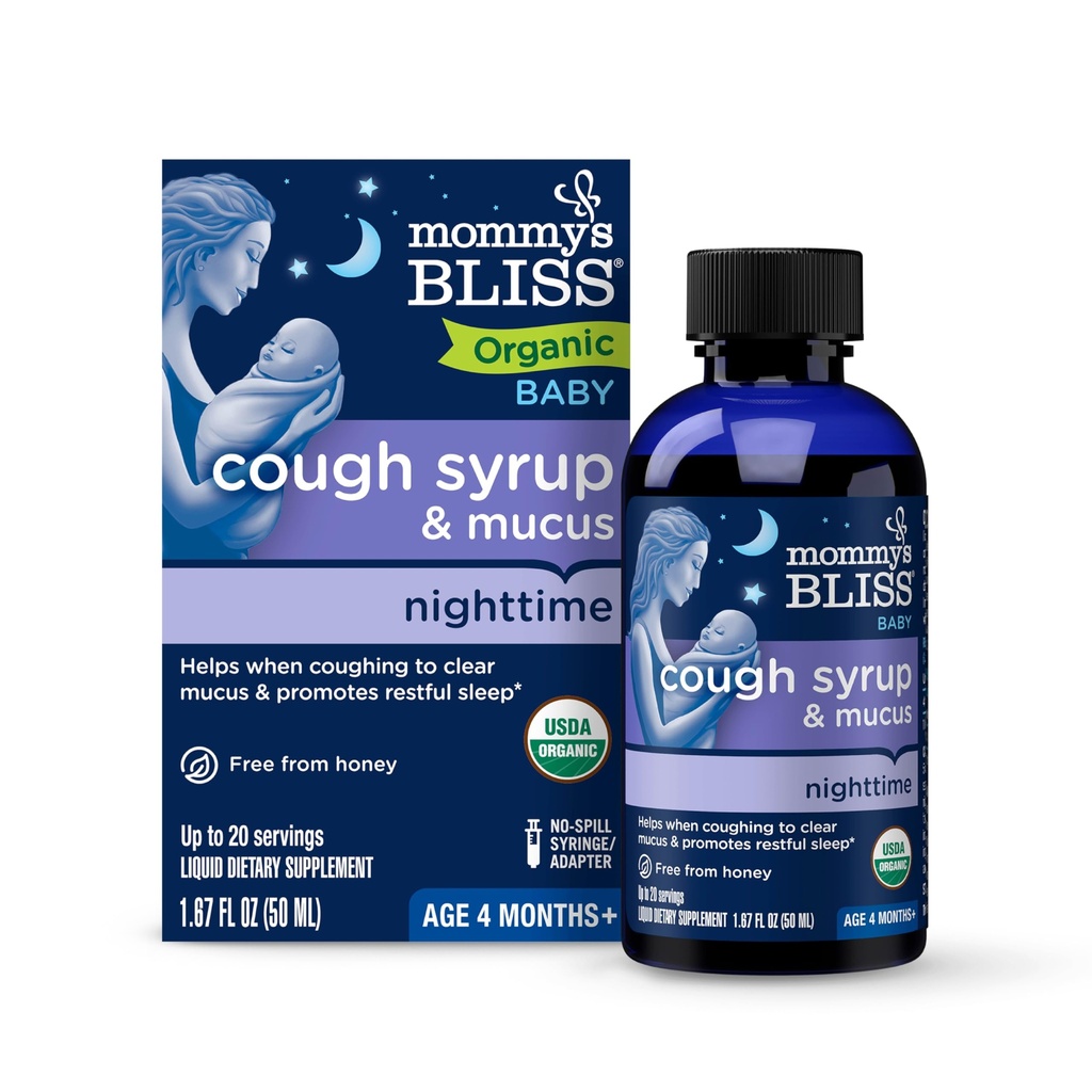 Mamina blaženosť Organic Baby Kašeľ Sirup & Mucus Night Time, obsahuje organické Agave a Ivy Leaf, Vyrobené pre deti 4 mesiac+, 1,67 Fluid Ounces