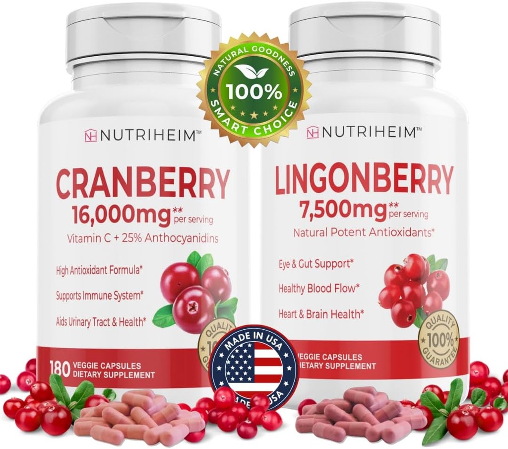 Všetko v One PAC Bundle - Cranberry & Lingonberry Kapsule - Vitamín C a 25% Proantokyanidíny pre močové tract, Gut Health, Antioxidant Support - Non-GMO, Gluten-Free, Vegan Supplement
