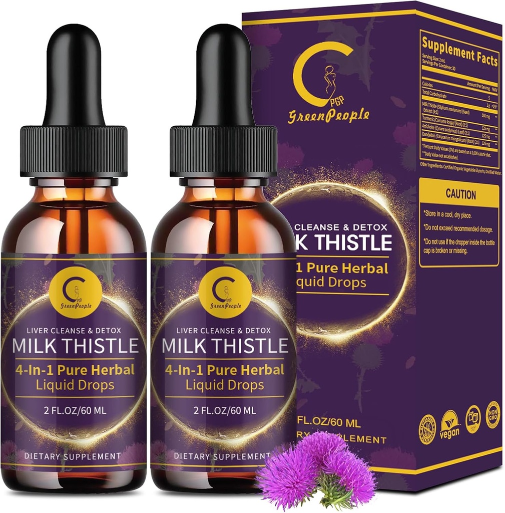(2 balenia) Milk Thitle Liquid Drops for Pečeň Čistenie Detox a oprava, Mlieko Thitle Supplement with Dandelion Root, Artičoky a Turmerica for Liver Support and Immune Health, Vegan, Non-GMO, 4 FL OZ