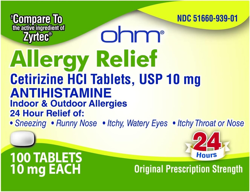 Ochm Cetirizín 10 mg tableta - celodenná úľava od alergie - 100 grófov - Antihistamine pre senohormón, peľ, suché svrbenie očí - účinná úľava od alergií po celý deň