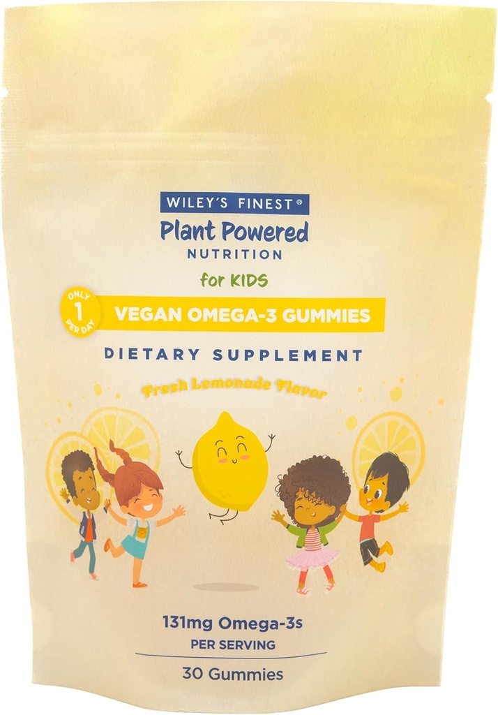 Wiley's Finest Kids Vegan Omega-3 Gummies - Natural Sugar - Vegetariánska DHA, ALA & SDA - Gluten Free - Citrónová príchuť, 30 Gummies