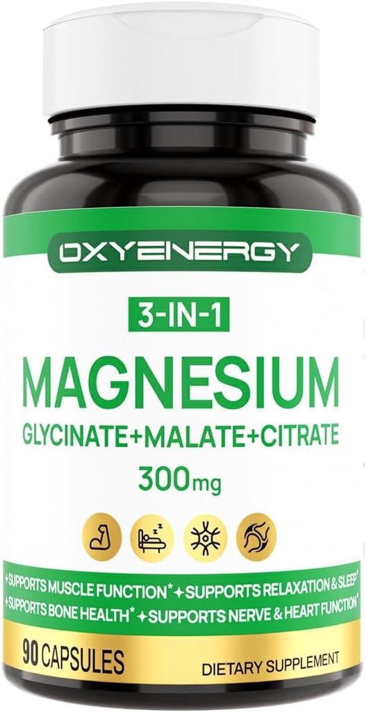OXYENERGY 3 v 1 Magnézium Complex Supplement, Triple Magnézium Kapsule 300 mg s Glycinátmalát Citrate, Kurzívne, Vegan, Vysoká absorpcia a Biodostupnosť, 90 Kapsule