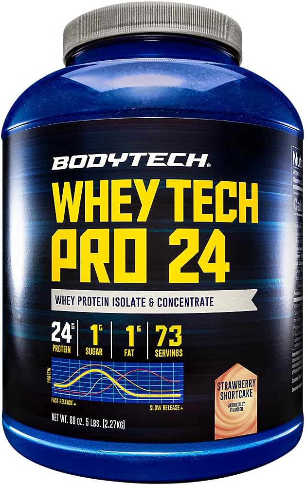 BODYTECH Whey Tech Pro 24 Protein Powder - Protein Enzyme Blend with BCAA's to Fuel Muscle Growth & Recovery, Ideal for Post-Workout Muscle Building - Strawberry Shortcake (5 Pound)