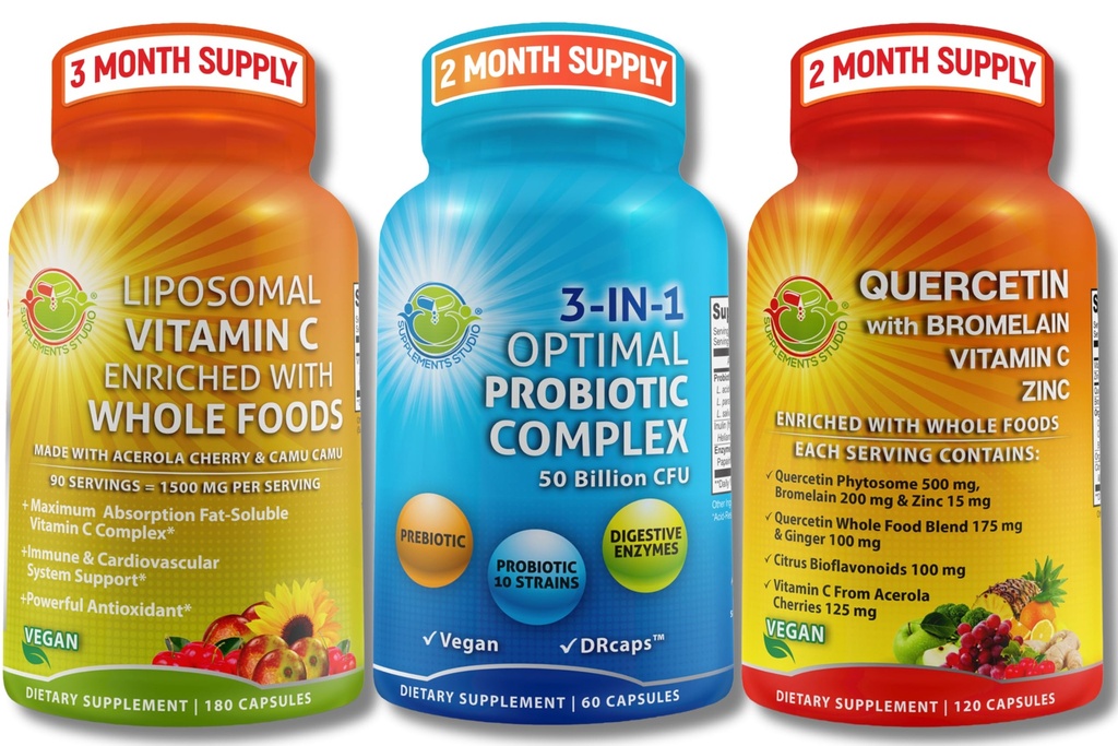 Immune & Gut Health Bundle 3-in-1 Probiotiká s enzýmami a prebiotikom + Quercetin s hypromelózami, zinkom, vitamínom C a organickými potravinami + Lipozomálny vitamín C 1500 mg s organickými acerola a Camu Camu