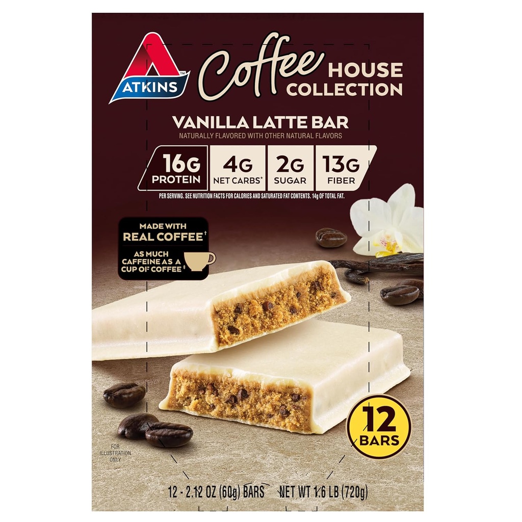 Atkins Coffee House Collection Vanilla Latte Bar, 16g Protein, 2g Cukor, 4g Net Carbs, 13g Fiber, 12