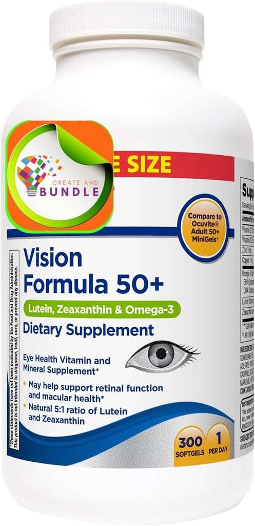 Equate Vision Formula 50+ Lutein, Zeaxantin & Omega-3, 300 Softgels + Create Sticker