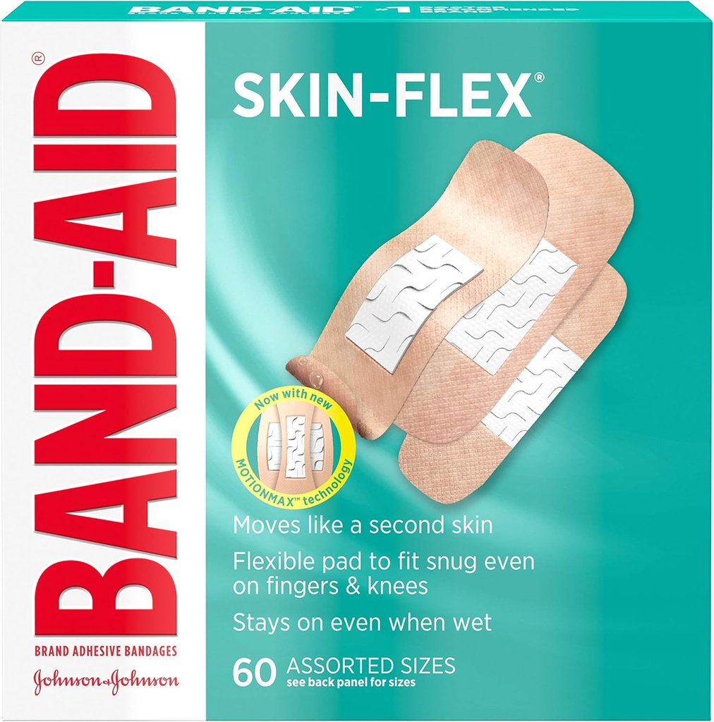 Band-Aid Brand Skin-Flex adhezívne obväzy pre prvú pomoc a starostlivosť o ranu malých rezov, šroty a popáleniny, flexibilné sterilné obväzy skvelé pre prsty, ruky a kolená, rozmanité veľkosti, 60 ct