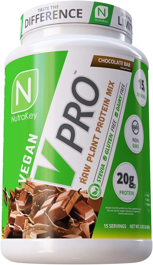 NutraKey V-Pro, Raw Plant Protein Powder, Organic, Vegan, Low Carb, Gluten Free with 20g of Protein (Chocolate) 2-Pound