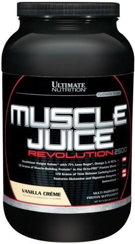 Ultimate Nutrition Muscle Juice Revolution 2600 Váha Gainer, Svalové zotavenie s glutamínom, Micellar Casein, Time Release Complex Sacharidy, Vanilkový proteín prášok, 4,69 libry
