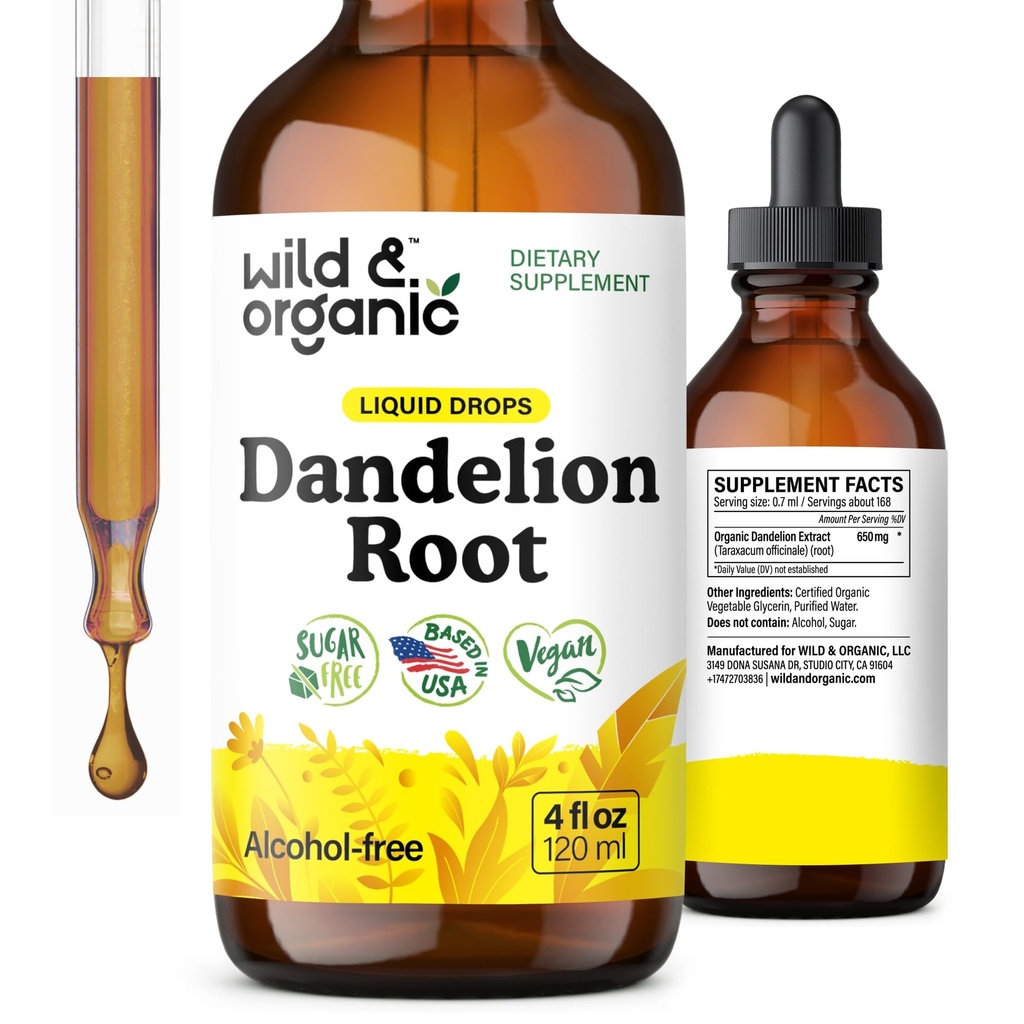 Wild & Organic Dandelion Root Extract Drops - Pečeň Čistenie Detox Podpora - Púpava Tinktúra pre zdravie pečene - Vegan, cukor a alkohol-bez kvapaliny doplnok - 4 fl oz